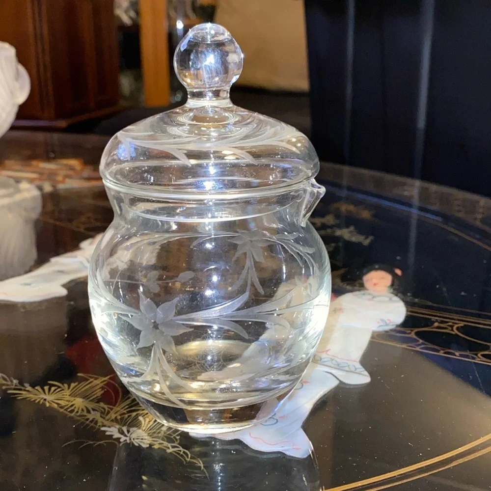 Beautiful Clear Glass Lidded creamer Jar with Frosted Floral Etching/Vintage